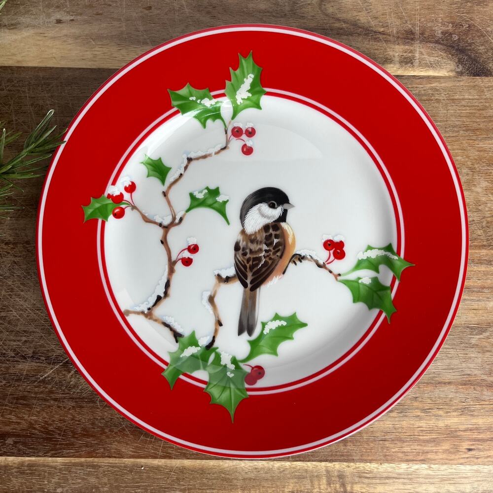 Vintage Fitz & Floyd Christmas Chickadees Porcelain Salad Plate Holiday Birds